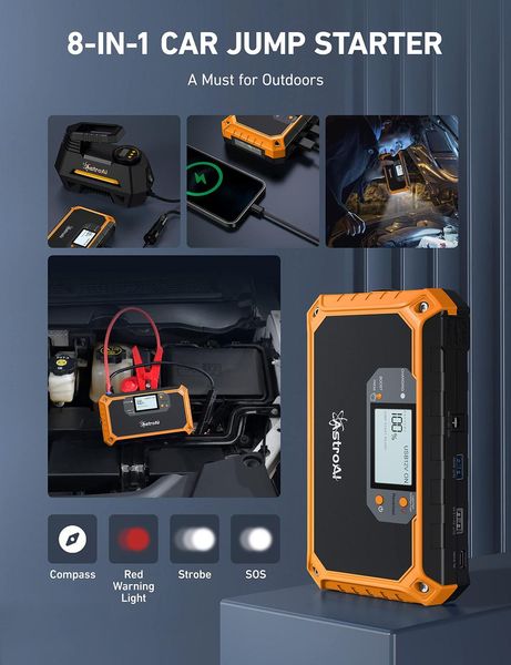 Автомобільний пусковий пристрій AstroAI Car Jump Starter 2000А, для бензинових та дизельних двигунів, Orange 230813 фото