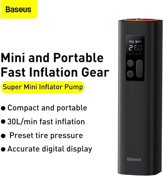 Автомобільний насос компресор Baseus Super Mini Inflator Pump для накачування шин з цифровим екраном та світлодіодним ліхтарем 230684 фото