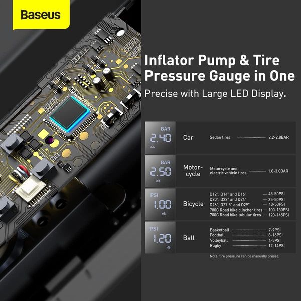 Автомобильный насос компрессор Baseus Super Mini Inflator Pump для накачки шин с цифровым экраном и фонарем 230684 фото