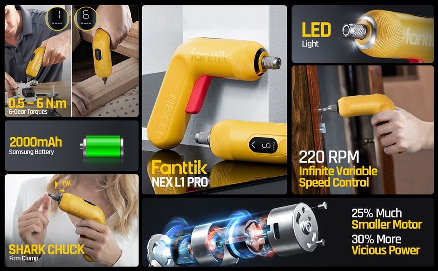Электрическая отвертка Fanttik NEX L1 Pro (Li-ion 2000mAh 3.6V) с подсветкой, набором бит, USB-кабелем, Yellow 230689 фото