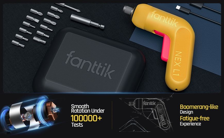 Електрична викрутка Fanttik NEX L1 Pro (Li-ion 2000mAh 3.6V) з підсвічуванням, набором біт, USB-кабелем, Yellow 230689 фото