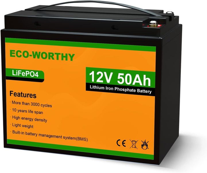 Акумулятор Eco Worthy LiFePO4 12 V 50 Ah (640Wh) з вбудованим BMS, 3000+ циклів 230822 фото