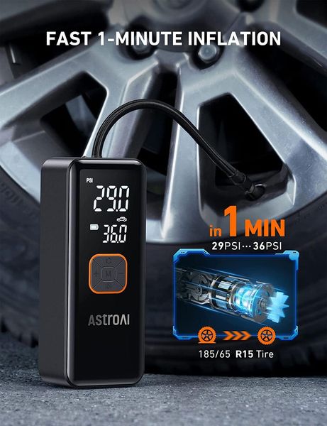 Насос для накачування шин AstroAI Tire Inflator з акумулятором 6600 мАч і шнуром постійного струму, Black 230651 фото