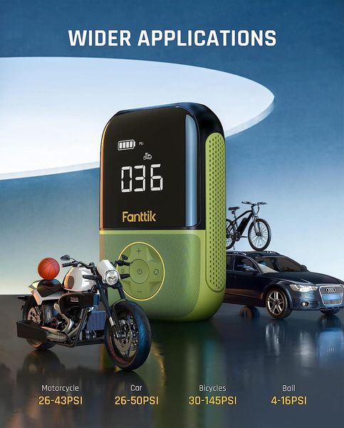 Портативный насос для накачки шин Fanttik X8 с цифровым экраном и светодиодными фонарями, Green 230708 фото