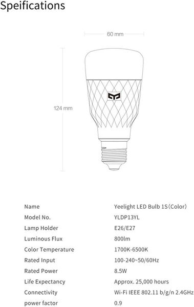 Розумна лампа Xiaomi Yeelight Smart LED Bulb Color 1S (YLDP13YL) WI-FI 2300670 фото