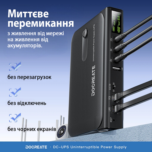 Джерело безперебійного живлення Docreate DC1036L 36W UPS компактне ДБЖ для роутера модема камери з дисплеєм (з акумуляторами LiitoKala 18650) 001227 фото
