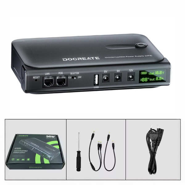 Джерело безперебійного живлення Docreate DC1036L 36W UPS компактне ДБЖ для роутера модема камери з дисплеєм (з акумуляторами LiitoKala 18650) 001227 фото