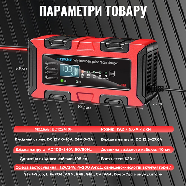 Автоматичний зарядний пристрій Foxsur 12V 10A / 24V 5A для акумуляторів LiFePO4 AGM GEL з функцією відновлення (BC122410F) 001271 фото