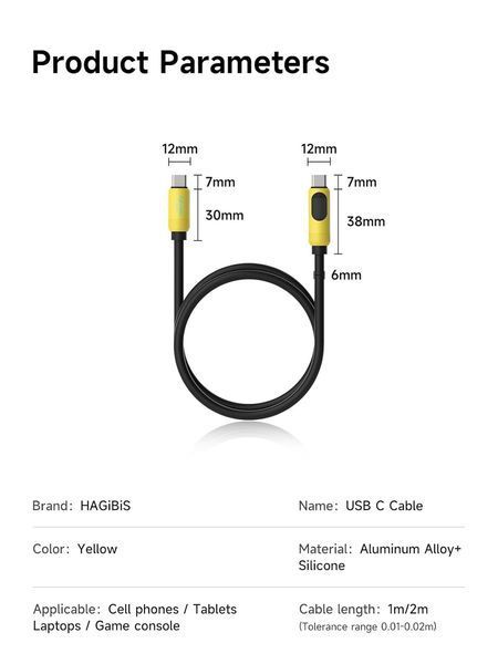 Зарядный кабель USB-C HAGiBiS SX03S для быстрой зарядки и передачи данных Type-C кабель 240W PD3.1 с LED-дисплеем 100 см, Yellow 001233 фото