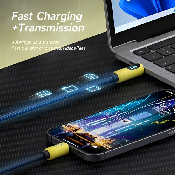 Зарядный кабель USB-C HAGiBiS SX03S для быстрой зарядки и передачи данных Type-C кабель 240W PD3.1 с LED-дисплеем 100 см, Yellow 001233 фото