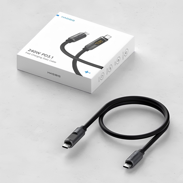 Зарядный кабель USB-C HAGiBiS SX03S для быстрой зарядки и передачи данных Type-C кабель 240W PD3.1 с LED-дисплеем 100 см, Silver 001235 фото