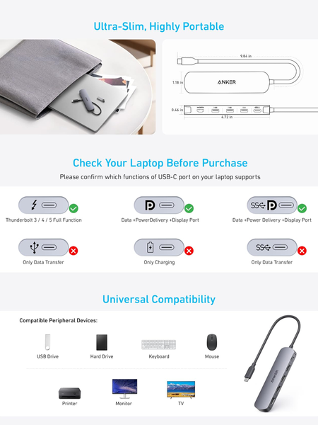 Хаб Anker A8357 USB-C Hub (5-in-1) для ноутбуков многопортовый адаптер USB-хаб с HDMI 4K на 5 портов с быстрой зарядки 90W 001084 фото