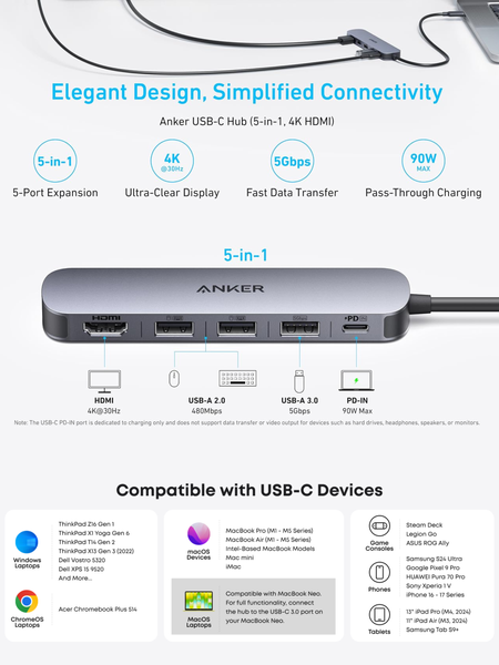 Хаб Anker A8357 USB-C Hub (5-in-1) для ноутбуков многопортовый адаптер USB-хаб с HDMI 4K на 5 портов с быстрой зарядки 90W 001084 фото