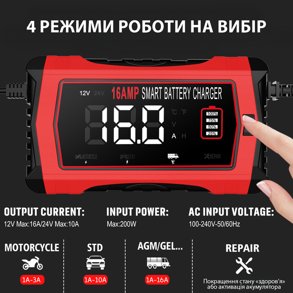 Зарядний пристрій автоматичний HTRC 12V 16A / 24V 10A для акумуляторів AGM, Gel, SLA, EFB, LiFePO4, Lithium та інших 001237 фото