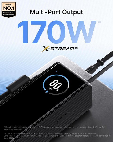 Повербанк портативный EcoFlow Rapid 25000mAh (170W) со встроенным и выдвижным кабелями и дисплеем универсальный, Black 001177 фото