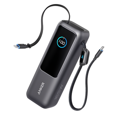 Зовнішній акумулятор повербанк Anker A1695 25000mAh (165W) Power Bank на 4 виходи з вбудованим і висувним кабелями USB-C, Black 001194 фото
