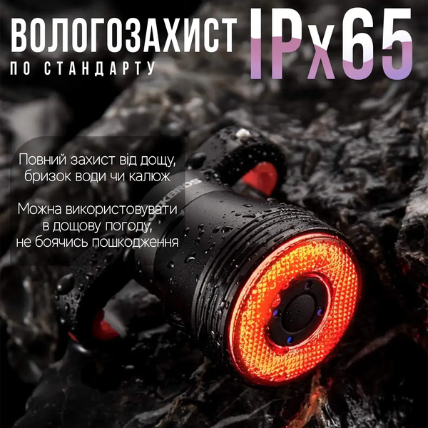Задній ліхтар для велосипеду ROCKBROS Q5 зі стоп-сигналом датчиками руху та освітленості двома видами кріплення та USB-C, чорний 001248 фото