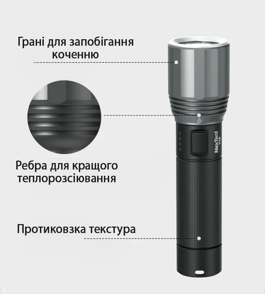 Фонарь ручной NexTool T10 яркостью 2000 люмен с аккумулятором универсальный фонарик с зарядкой USB-C и влагозащитой IPX7 001169 фото