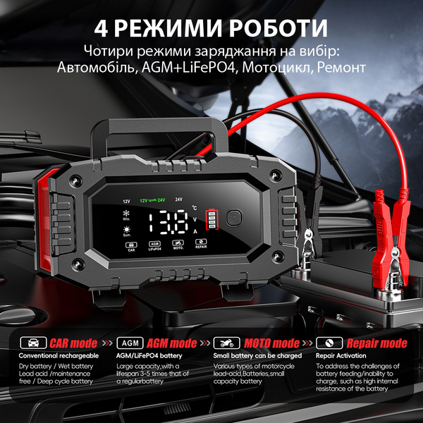Автоматичний зарядний пристрій FOXSUR FPT-200 12V 20A / 24V 10A імпульсний для кислотних AGM гелевих GEL LiFePO4 акумуляторів 001206 фото