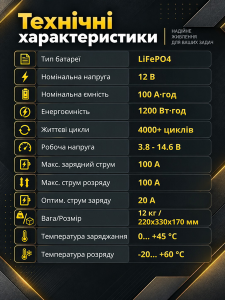 Акумулятор LiitoKala LiFePO4 12V 100Ah (1200Wh) з LCD-дисплеєм і вбудованим BMS, 4000+ циклів 001007 фото
