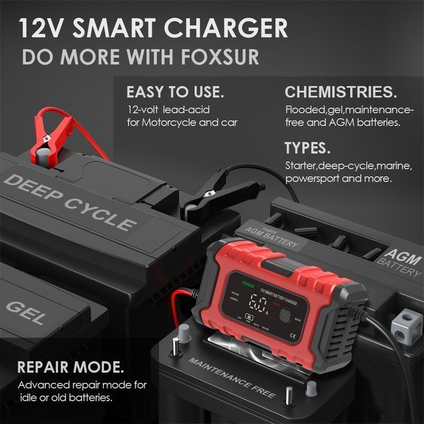 Умное зарядное устройство FOXSUR 12V 6A для автомобильных свинцово-кислотных аккумуляторов универсальное с функцией восстановления 001210 фото