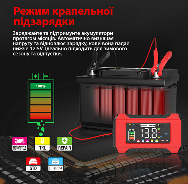 Розумний зарядний пристрій RJ Tianye 12V 15A / 24V 8A для кислотних, гелевих, AGM та LiFePO4 акумуляторів з функцією відновлення 001195 фото