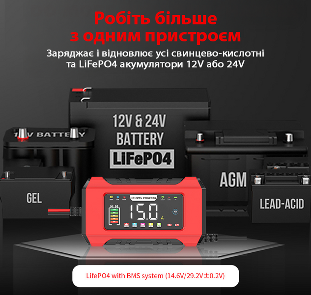 Розумний зарядний пристрій RJ Tianye 12V 15A / 24V 8A для кислотних, гелевих, AGM та LiFePO4 акумуляторів з функцією відновлення 001195 фото